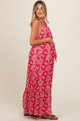 Red Paisley Halter Cross Back Maternity Maxi Dress