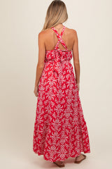 Red Paisley Halter Cross Back Maternity Maxi Dress