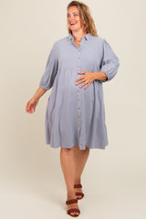 Light Blue Button Front Maternity Plus Dress