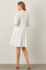 Ivory Floral Embroidered Collared Button Down Dress