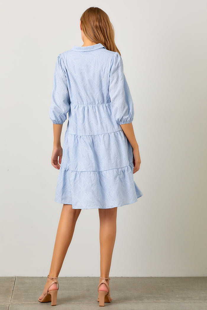 Light Blue Floral Embroidered Collared Button Down Dress