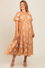 Camel Floral Print Ruffle Hem Maternity Plus Midi Dress