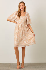 Beige Floral Embroidered Short Puff Sleeve Maternity Dress