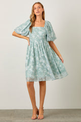 Mint Green Floral Embroidered Short Puff Sleeve Dress