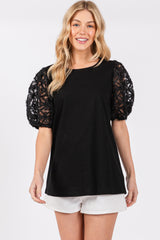 Black Floral Mesh Sleeve Blouse