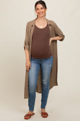 Mocha Collared Button Down Long Maternity Blouse