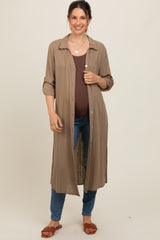 Mocha Collared Button Down Long Maternity Blouse