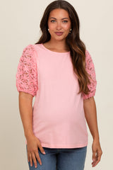 Light Pink Floral Mesh Sleeve Maternity Blouse