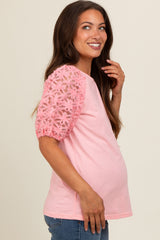 Light Pink Floral Mesh Sleeve Maternity Blouse