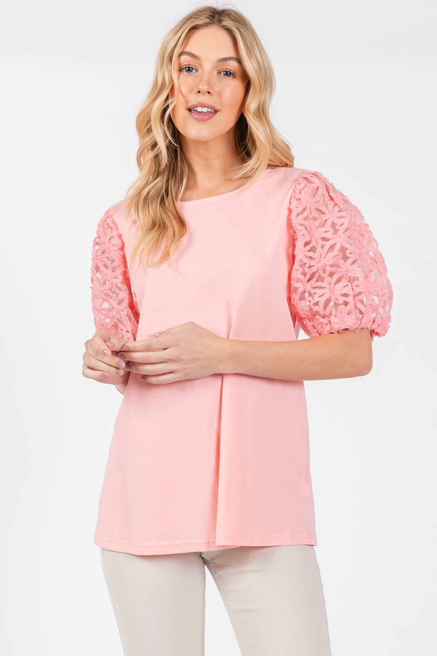 Light Pink Floral Mesh Sleeve Blouse