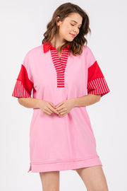 Pink Striped Color Block Collared Terry Dress