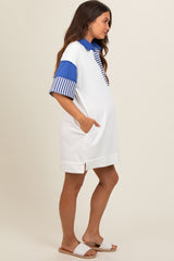 White Striped Color Block Collared Terry Maternity Dress