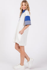 White Striped Color Block Collared Terry Dress