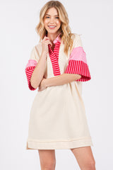 Cream Striped Color Block Collared Terry Dress