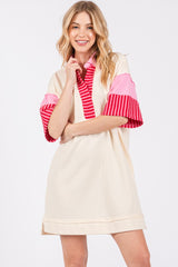 Cream Striped Color Block Collared Terry Maternity Dress