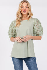 Light Olive Floral Mesh Sleeve Blouse