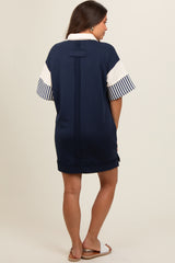 Navy Blue Striped Color Block Collared Terry Maternity Dress