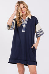 Navy Blue Striped Color Block Collared Terry Dress