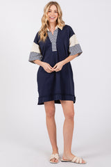 Navy Blue Striped Color Block Collared Terry Maternity Dress