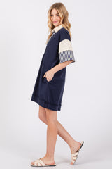 Navy Blue Striped Color Block Collared Terry Dress