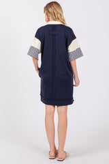 Navy Blue Striped Color Block Collared Terry Dress