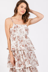 Mocha Leaf Print Square Neck Cut-Out Back Ruffle Tiered Midi Dress