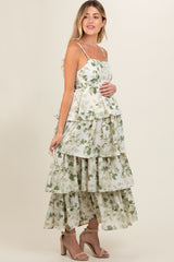 Olive Leaf Print Square Neck Cut-Out Back Ruffle Tiered Maternity Midi Dress