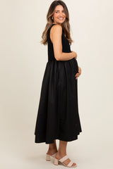 Black Textured Scoop Neck Sleeveless Maternity Midi Dress