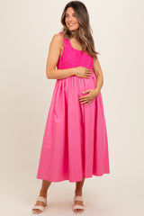 Pink Textured Scoop Neck Sleeveless Maternity Midi Dress