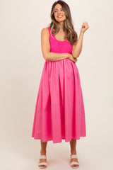 Pink Textured Scoop Neck Sleeveless Maternity Midi Dress