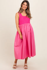 Pink Textured Scoop Neck Sleeveless Maternity Midi Dress