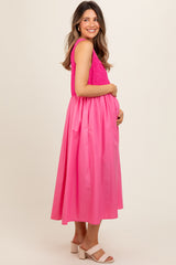 Pink Textured Scoop Neck Sleeveless Maternity Midi Dress