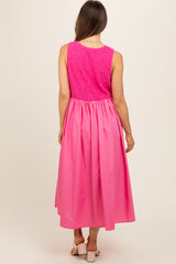 Pink Textured Scoop Neck Sleeveless Maternity Midi Dress