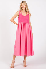 Pink Textured Scoop Neck Sleeveless Maternity Midi Dress