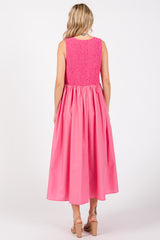 Pink Textured Scoop Neck Sleeveless Midi Dress