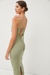 Light Olive Knit Open Tie Back Midi Dress