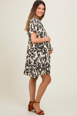 Ivory Button Down Pleated Leaf Print Maternity Dress