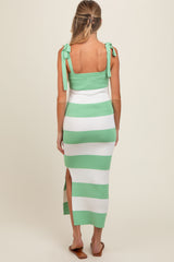 Light Olive Bow Shoulder Stripe Sweater Maternity Maxi Dress