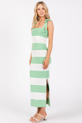 Light Olive Bow Shoulder Stripe Sweater Maxi Dress