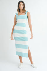 Light Blue Bow Shoulder Stripe Sweater Maternity Maxi Dress