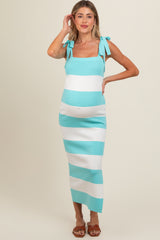 Light Blue Bow Shoulder Stripe Sweater Maternity Maxi Dress