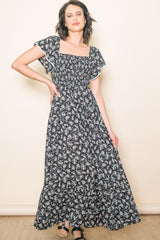 Black Floral Smocked Crochet Trim Maternity Dress