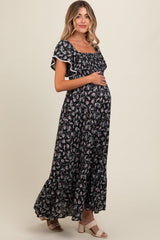 Black Floral Smocked Crochet Trim Maternity Dress