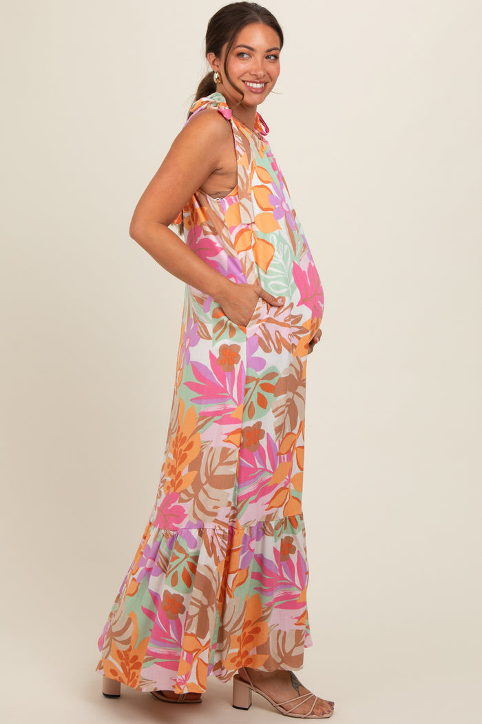 Pink Floral Shoulder Tie Empire Maternity Maxi Dress