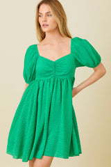 Green Textured Puff Sleeve Sweetheart Neckline Dress