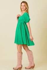 Green Textured Puff Sleeve Sweetheart Neckline Dress