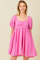 Pink Textured Puff Sleeve Sweetheart Neckline Maternity Dress