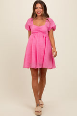 Pink Textured Puff Sleeve Sweetheart Neckline Maternity Dress