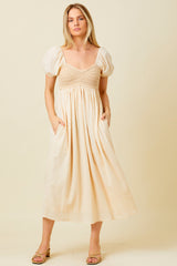 Cream Crochet Puff Sleeve Maternity Midi Dress