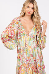 Multi-Color Floral Metallic Striped Tiered Long Puff Sleeve Maxi Dress